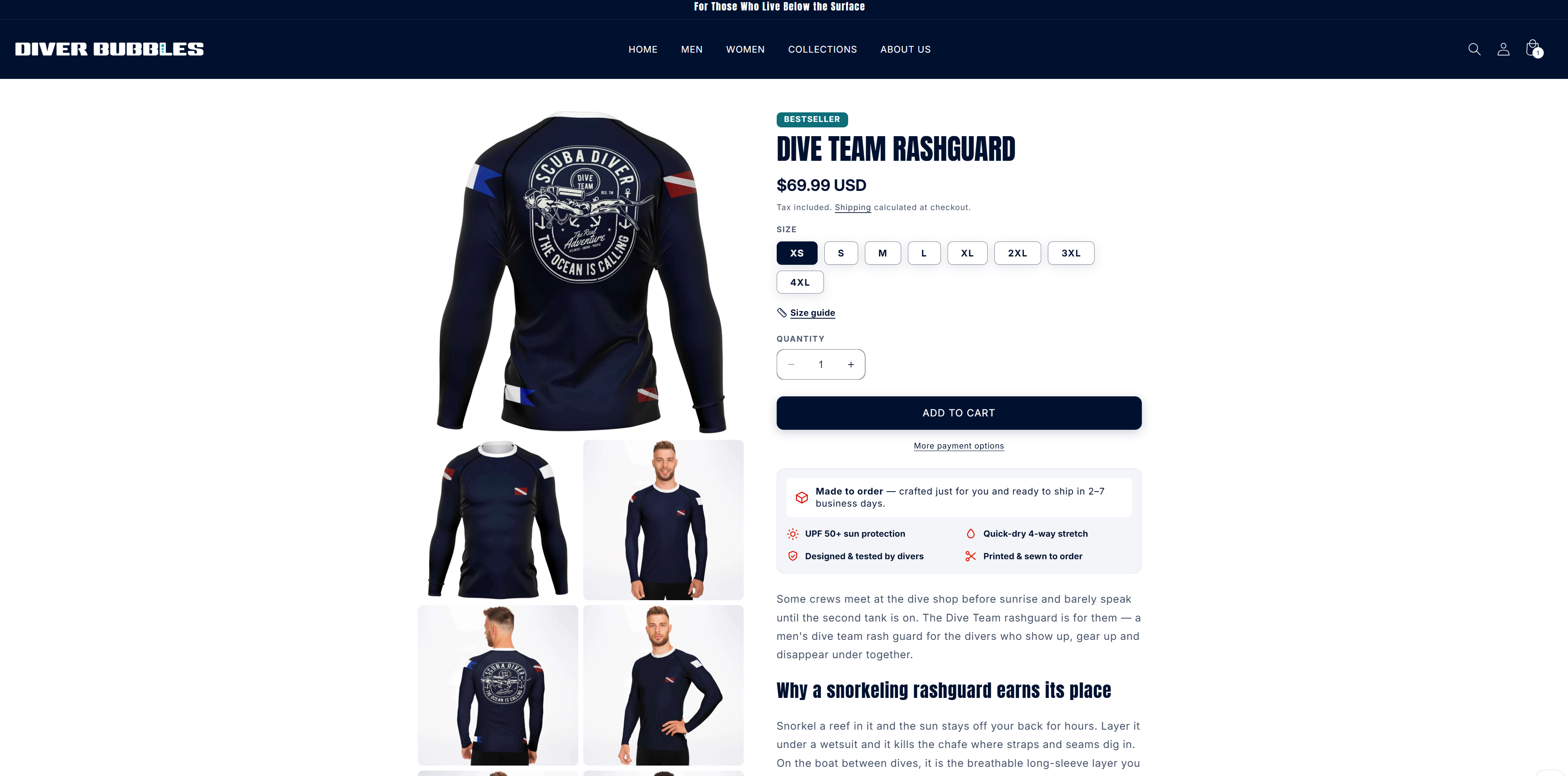 The Dive Team Rashguard product page. The garment is shown from the back with a circular Scuba Diver crest across the shoulders, beside size buttons running XS to 4XL, an add-to-cart button, and a panel explaining the item is made to order.