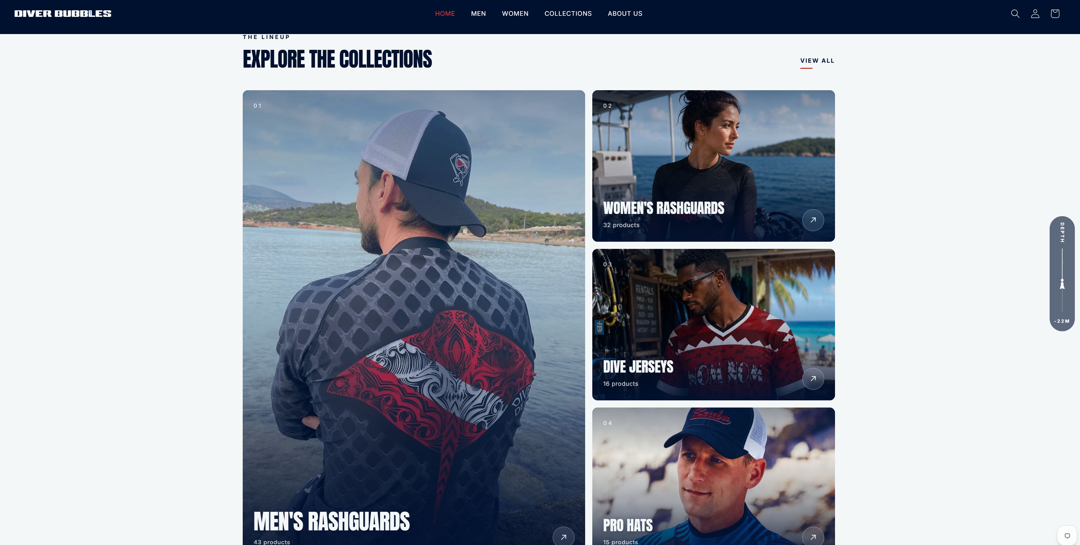 The collections section of the homepage: a tall card of a diver seen from behind in a patterned rashguard at the water's edge, labelled Men's Rashguards with 43 products, beside three stacked cards for women's rashguards, dive jerseys, and hats, each a photograph with its name and product count.