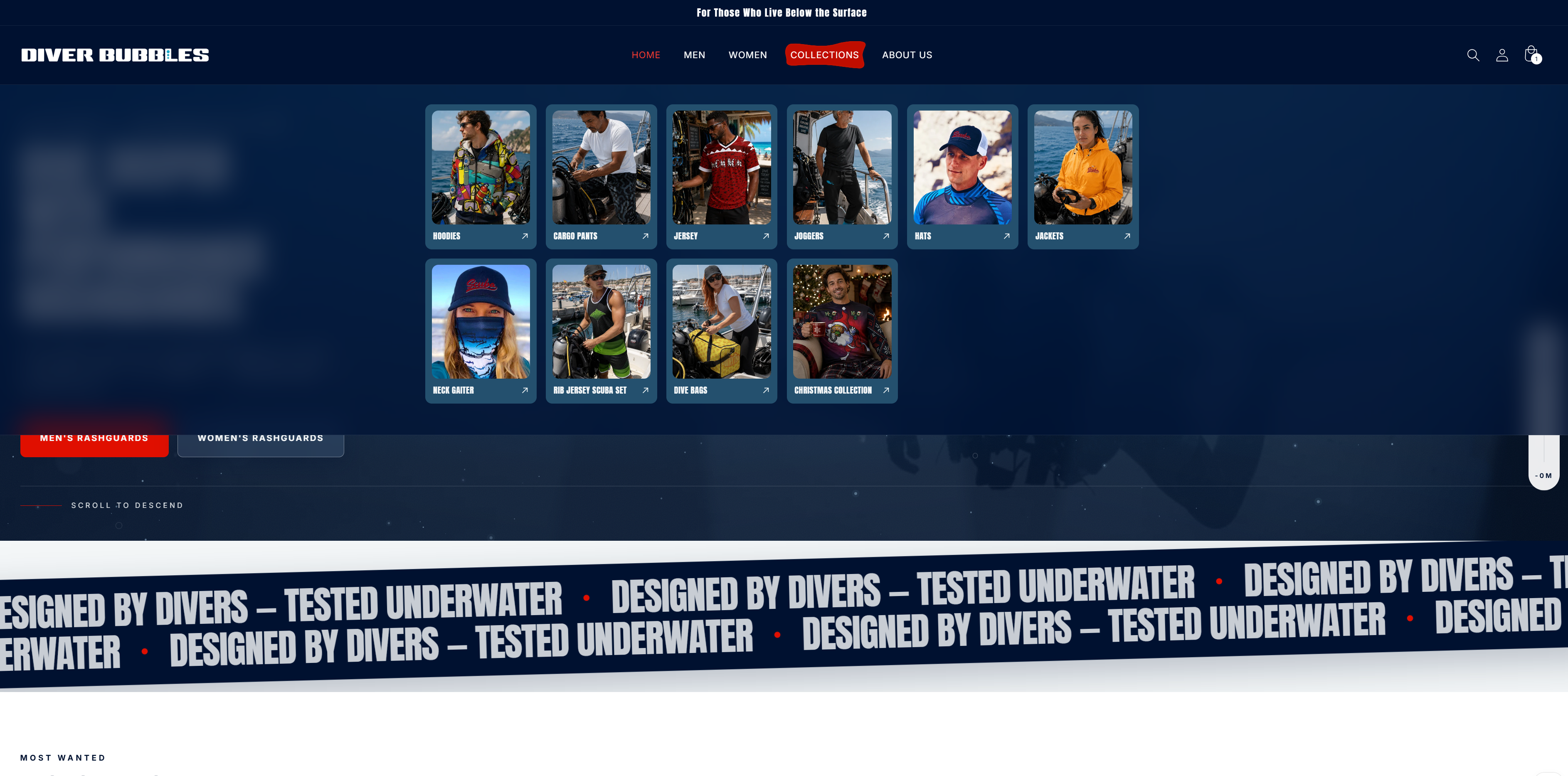 The Collections mega-menu open over the homepage: ten image cards in two rows — hoodies, cargo pants, jersey, joggers, hats, jackets, neck gaiter, rib jersey scuba set, dive bags, and a Christmas collection — each a photograph with the category name across its foot.