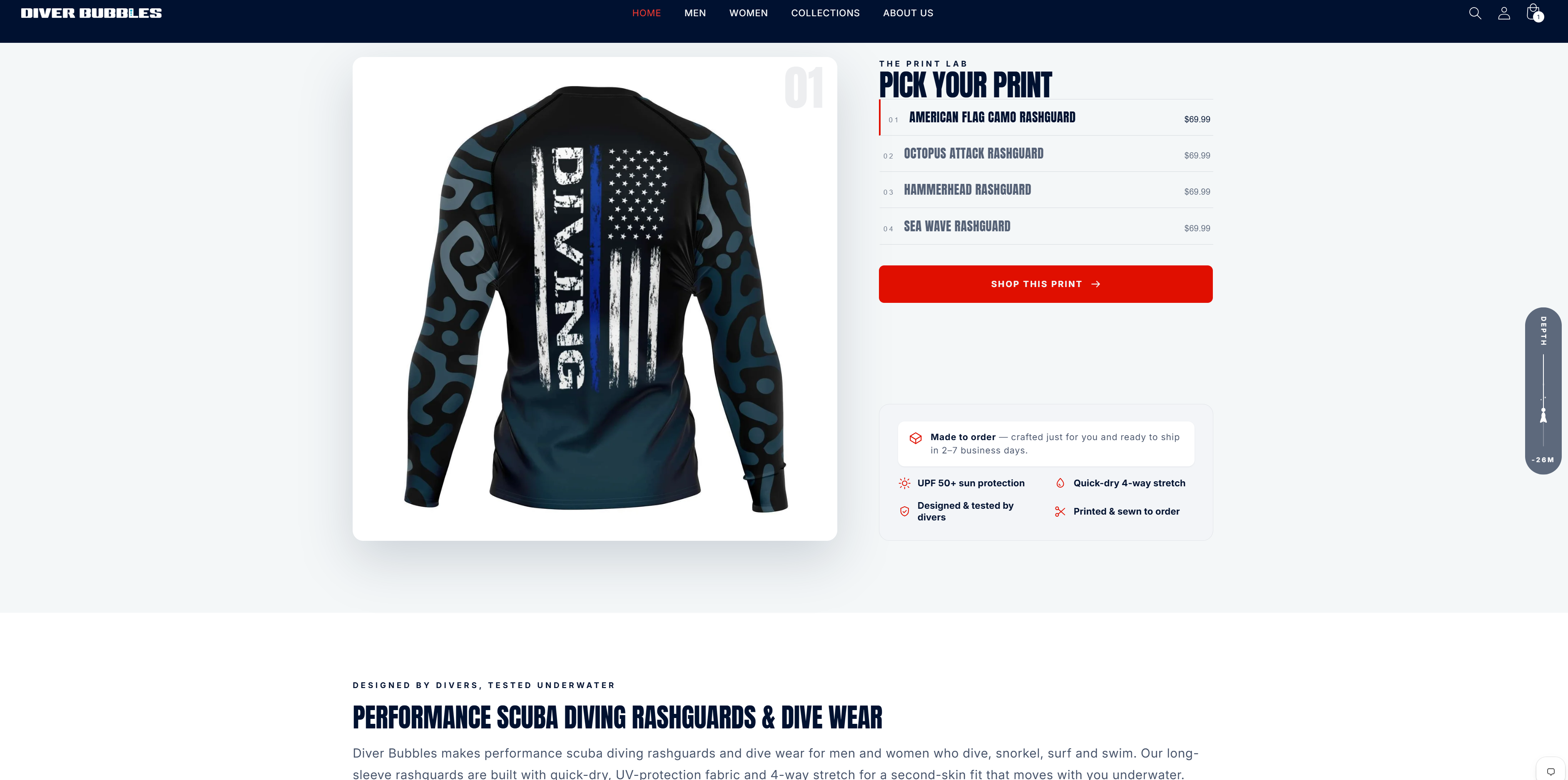 The print lab: one rashguard shown large on a pale panel, beside a numbered list of four prints with prices, the first of them selected and marked in red.