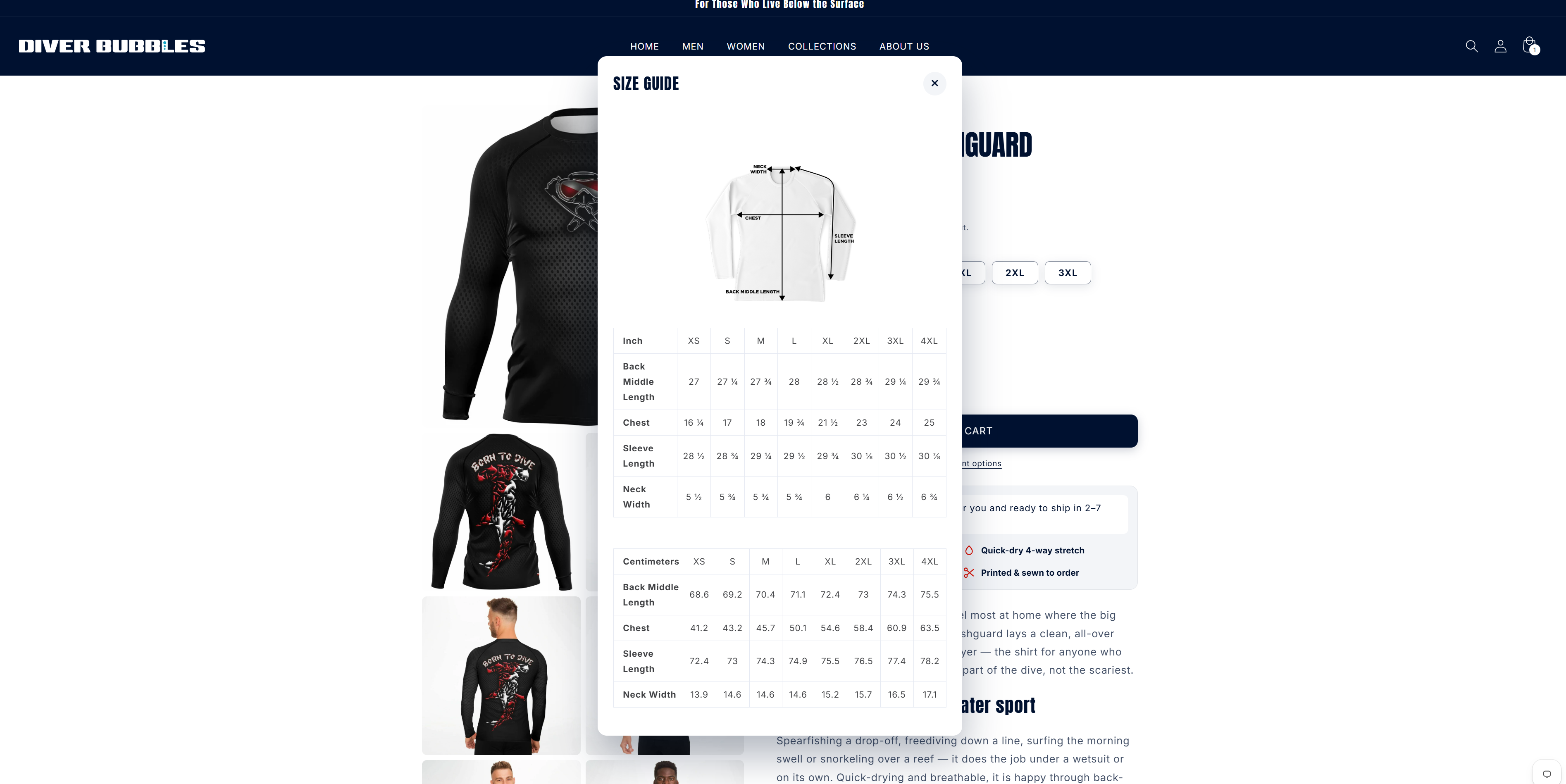 The size guide open over a product page: a diagram of a rashguard with neck width, chest, sleeve length, and back middle length marked, above two real tables of measurements — one in inches, one in centimetres — each running XS to 4XL.