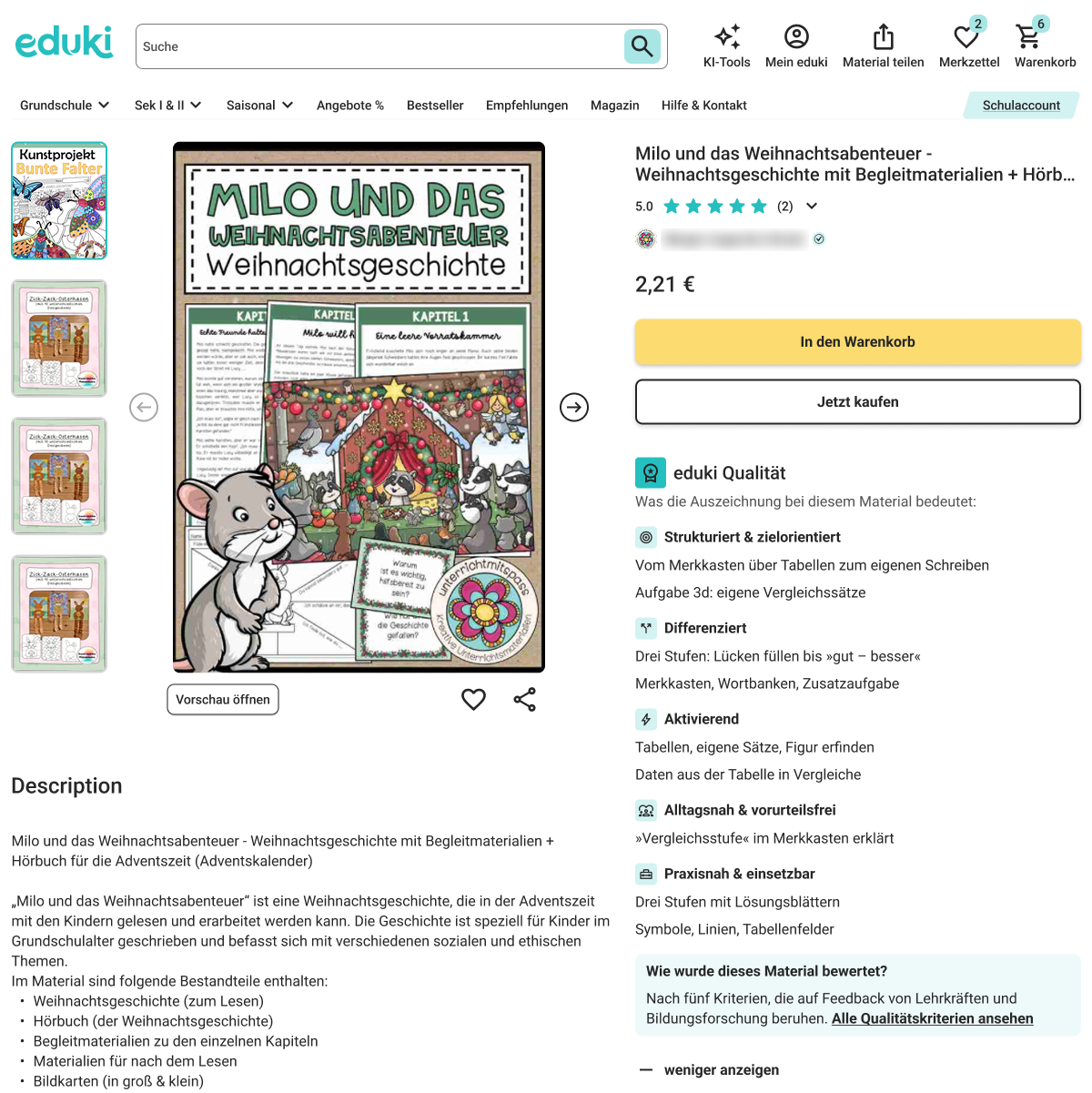 The same product page with the eduki Qualität module open: five quality criteria as headings, two short lines under each about this material, and a box explaining how the material was rated.